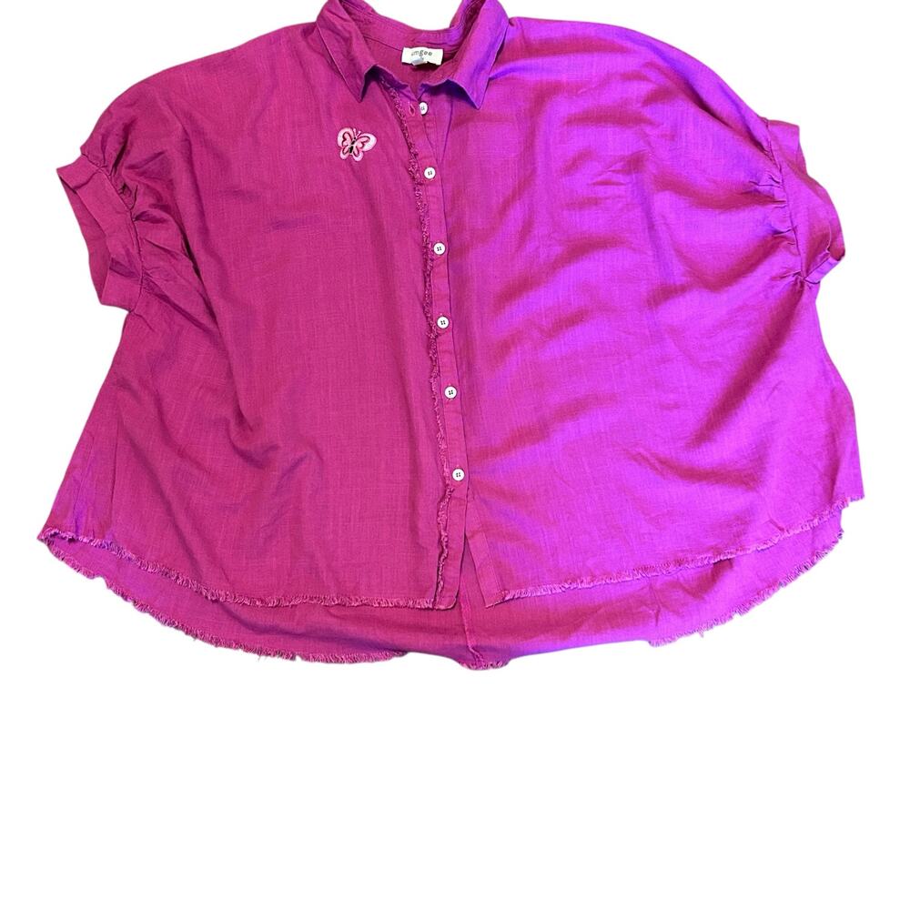 Umgee Linen Blend Top SZ M Women Raw Frayed Hem Fuchsia Boho Beach Lagenlook